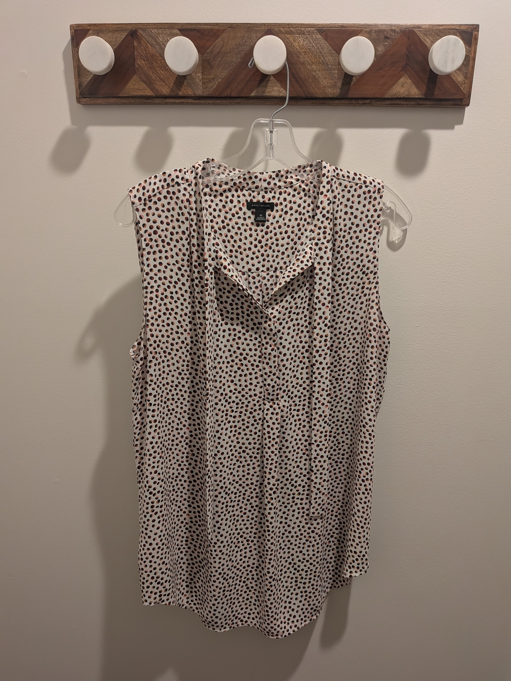Express Cream Sleeveless Tie-Neck Camisole with Black Dot Pattern